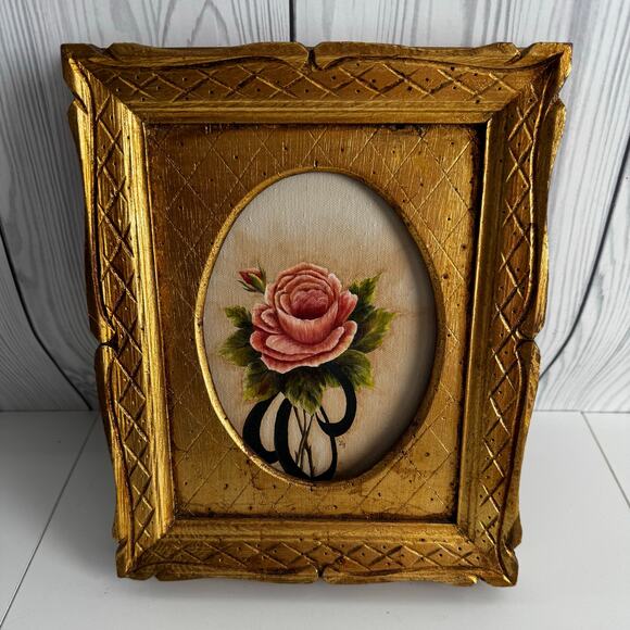 Vintage Floral Oil Painting On Canvas Board Original Wood Frame 10" x 9" Gold - Picture 1 of 6